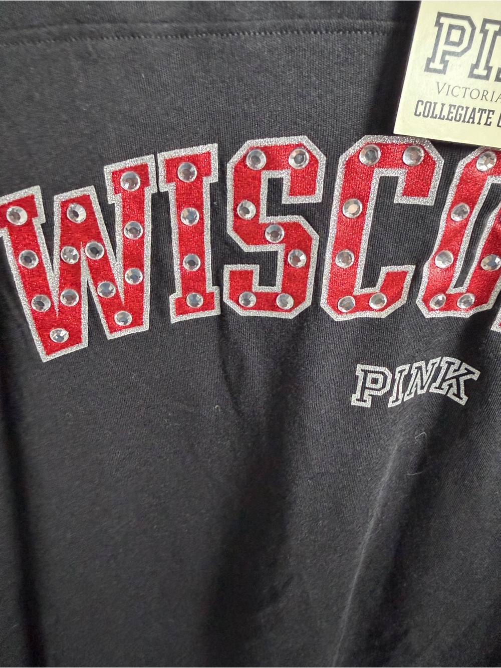 PINK Victoria's Secret Black V-Neck Wisconsin Graphic Tee with White Trim - Picture 3 of 7